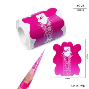 Detail of magenta butterfly nail forms YC-28 showing dimensions 80mmx65mm and roll packaging