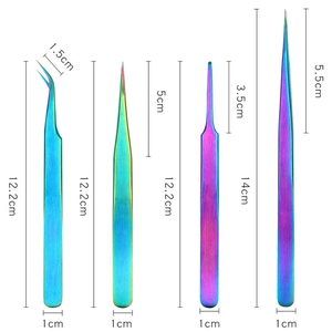 Set of 4 rainbow stainless steel anti-static tweezers for nail art and precision detailing