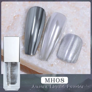 Makroaufnahme von MH08 Aurora Liquid Chrome Powder mit silbernem Hochglanz-Spiegeleffekt