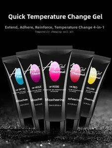 Set of five 15ml color changing nail extension gels in blue, purple, red, and yellow
