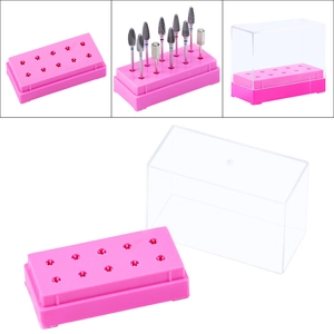 Pink nail drill bit holder with 10 slots and transparent dustproof cover organizer