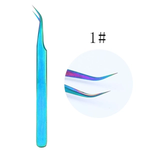Detailed macro view of 1# rainbow stainless steel curved tweezers with precise tip