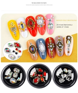 Macro detail of 24 mixed nail art charms with colorful rhinestones and metal frames