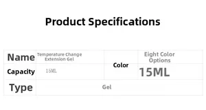 Specifications chart for 15ml thermal color changing nail extension gel with 8 shades