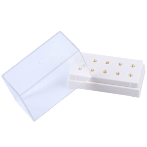 10-hole nail drill bit storage case with clear dust cover and sturdy white plastic base