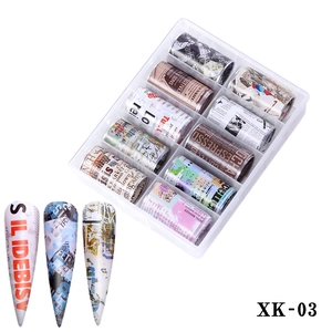 Set di 10 pellicole per nail art con scritte di giornali vintage e motivi artistici vari