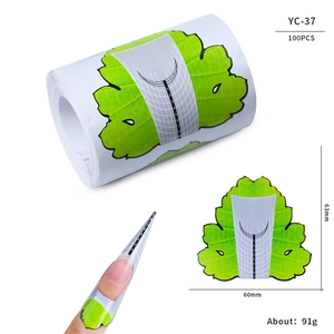 Nail extension forms with green leaf design and 100PCS roll specification details
