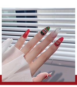 Detailed close-up of festive Christmas themed 3D nail art with red and green alloy charms