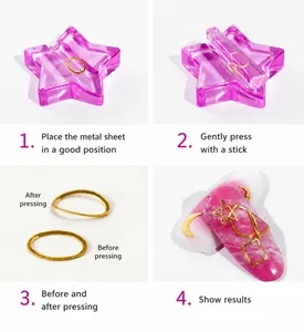 Tutorial for purple star nail art embossing tool showing curved metal plate process