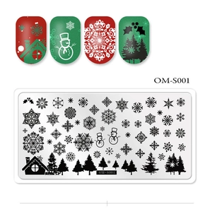Macro view of Christmas nail stamping plate OM-S001 with snowflake and tree patterns