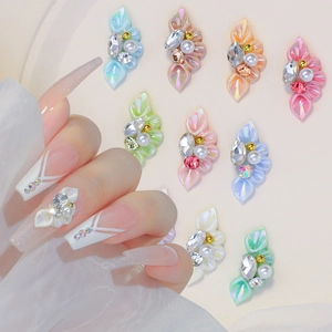 3D Petal Floral Nail Art Charms Iridescent Resin Rhinestone Artificial Pearl Alloy Decorations Manicure Luxury Style Woman DIY