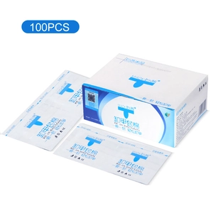 Close-up of 100pcs nail polish remover foil wraps in individual blue and white packaging