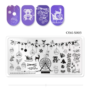 Detail view of OM-S003 Christmas nail stamping plate with Santa and reindeer patterns