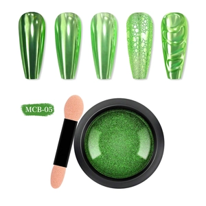 Kit poudre chrome verte pour ongles avec applicateur et cinq capsules d'exposition