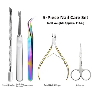 5-teiliges Maniküre-Set mit Edelstahl-Nagelschieber, Pinzette und goldener Nagelzange