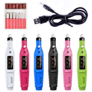 Portable electric nail drill kit with USB cable and bits in six various colors