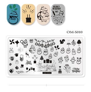 Detail of Christmas and birthday nail stamping plate OM-S010 with Santa and cake patterns