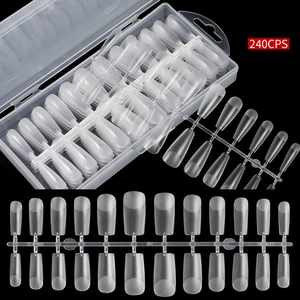 Detailed view of 240pcs almond shape nail tips in a storage box with numbered sizes