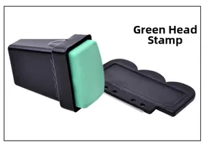 Detail view of the green silicone nail stamper tool and black scraper set for nail art