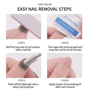 Four-step nail polish removal guide using foil wraps, buffer, and cuticle pusher tool