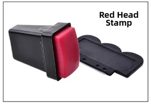 Detail of red silicone nail stamper tool and black scraper set for French manicure DIY