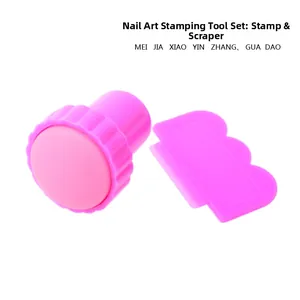 Pink silicone nail art stamper and wave scraper tool set for DIY manicure stamping