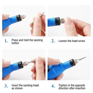 Portable USB electric nail drill pen shown with bit installation guide on white background