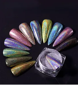 Macro shot of iridescent laser nail powder jar with multi-colored display tips on black