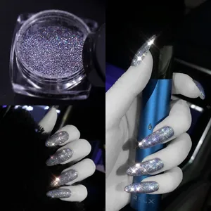 Reflective magic disco nail powder with iridescent silver and purple glitter effect