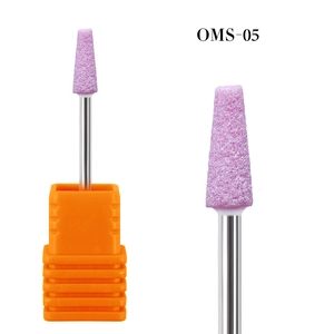 Pink quartz cone nail drill bit with metal shank and orange base, model OMS-05