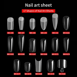 Matrix display of 17 shapes of clear press-on nails including almond and square types