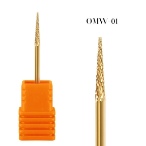 Macro shot of OMW-01 gold alloy nail drill bit with precision cross-cut pattern
