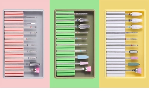 Detail view of 30-piece ceramic and alloy nail drill bits set for professional manicure