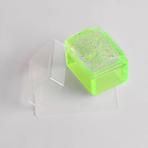 Neon green rectangular nail art storage box with transparent glitter lid and protective case