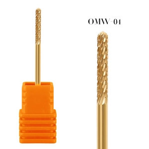 Detailed macro view of OMW-04 alloy nail drill bit with fine cross-cut golden coating