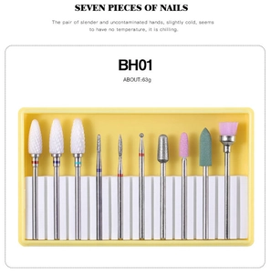 Macro view of BH01 nail drill bits set featuring 10 alloy and ceramic polishing heads