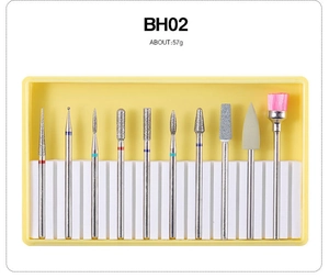 Detail of 10-piece nail drill bit set with alloy and ceramic heads in yellow storage box