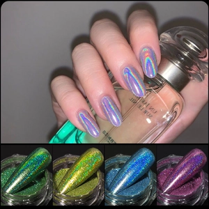Detailed holographic nail glitter powder display in four vibrant laser colors