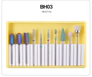 Detailed 10pcs nail drill bits set BH03 with rainbow coating in a yellow storage box