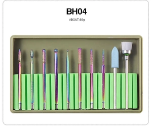 Macro shot of 10-piece professional ceramic nail drill bit set BH04 with rainbow finish