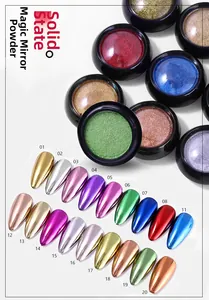 Macro shot of 20 metallic solid chrome nail powder colors for mirror finish effect