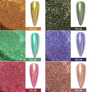 Macro detail of six laser nail glitter powders showing TCL-01 to TCL-06 vibrant metallic colors