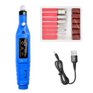 Portable electric nail drill set in blue color with USB cable and assorted drill bits