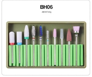 Close-up of BH06 10-piece ceramic and alloy nail drill bits set in green storage case
