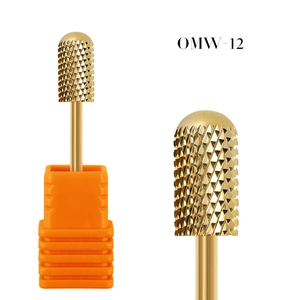Detail view of OMW-12 gold tungsten nail drill bit with precision cross-cut teeth pattern