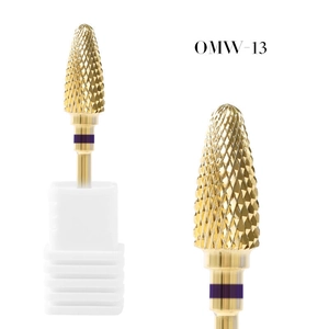 Detail of OMW-13 gold alloy nail drill bit with purple band for manicure prep