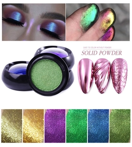 Macro view of solid magic mirror nail powder with metallic aurora chrome effect and multi-colors
