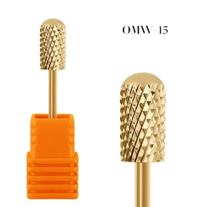 Macro detail of OMW-15 gold alloy nail drill bit with cross-cut texture and orange base