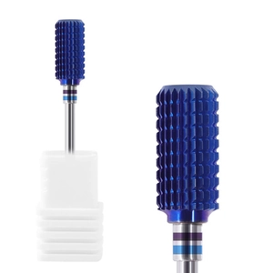Blue coated alloy nail drill bit with cross-cut texture and white storage base