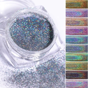 Detailed view of high-quality holographic laser nail powder set with 10 vibrant rainbow colors